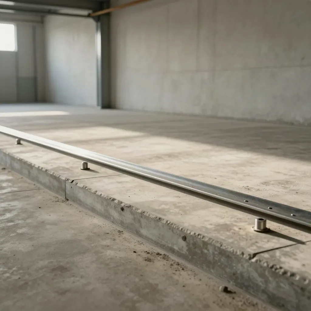 Utility pad with pipe stubs, anchor bolts and skid footprint in an empty industrial bay.