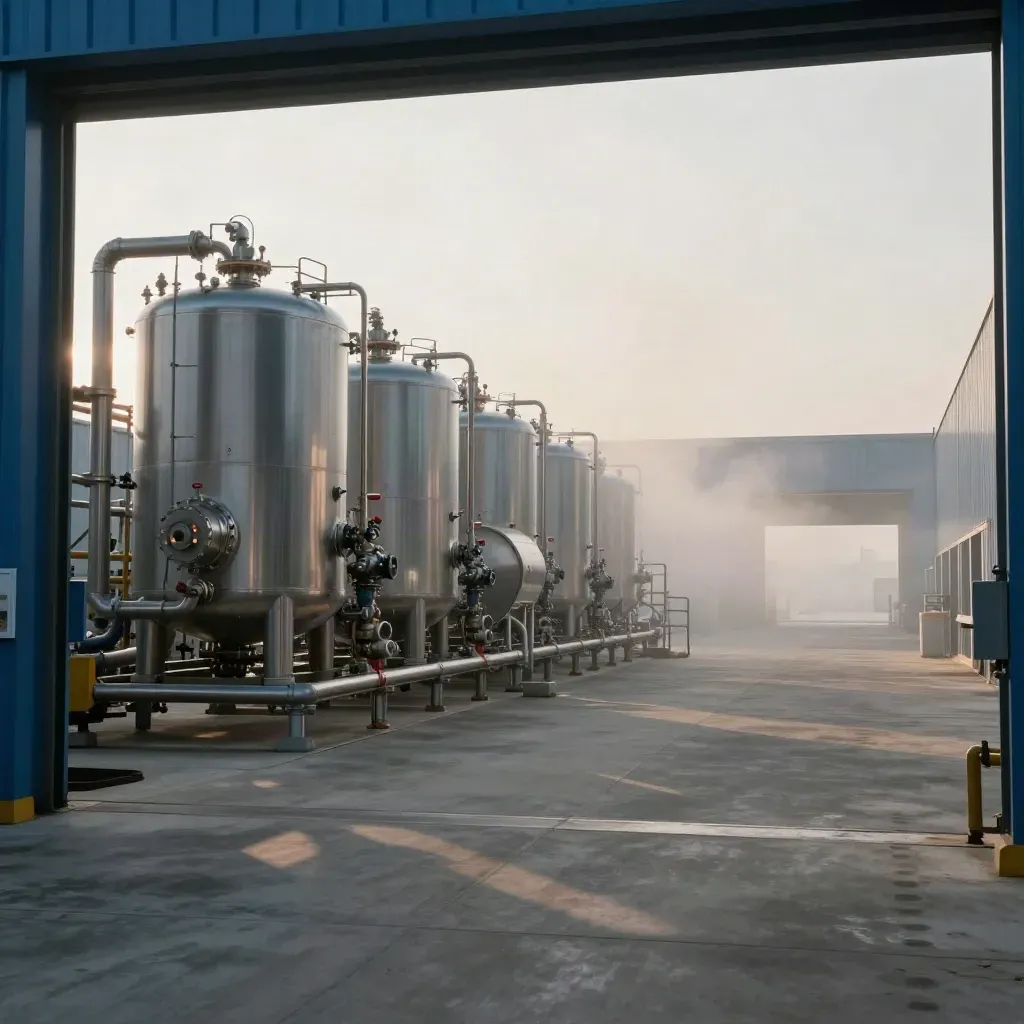 Hydrogen plant bay with electrolyzer skids, storage vessels and piping in misty sunrise light.