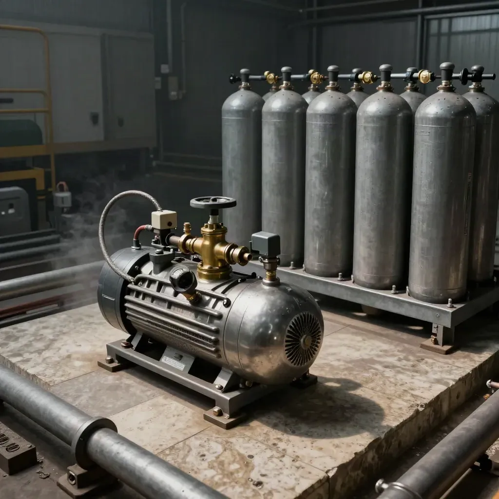 Hydrogen storage rack with cylinders, compressor skid, brass manifold and valves on a stone pad
