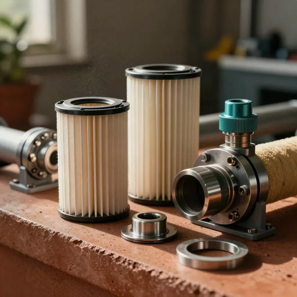Open service skid with filters, gasket rings, cable glands and pipework in warm industrial light.