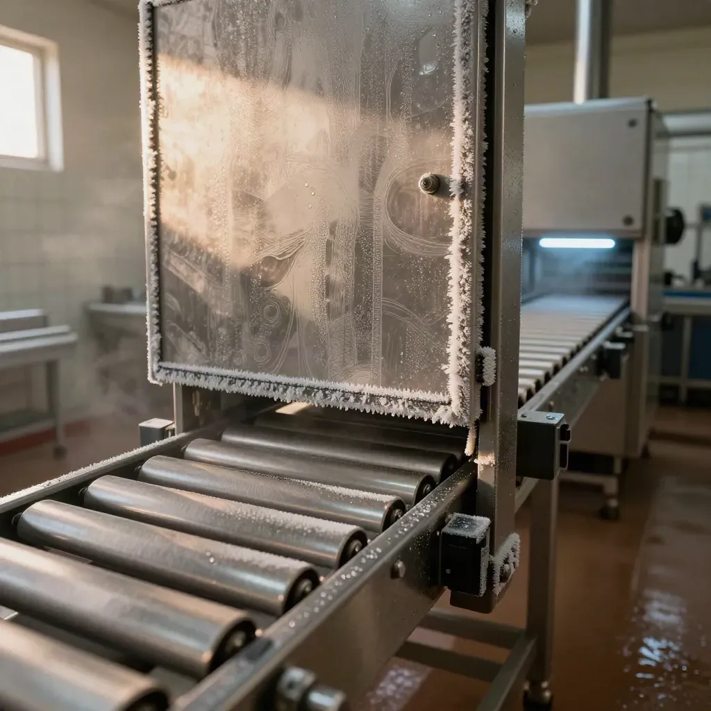 Macro of stainless conveyors, chilled doors, and a fuel-cell backup cabinet in a food plant