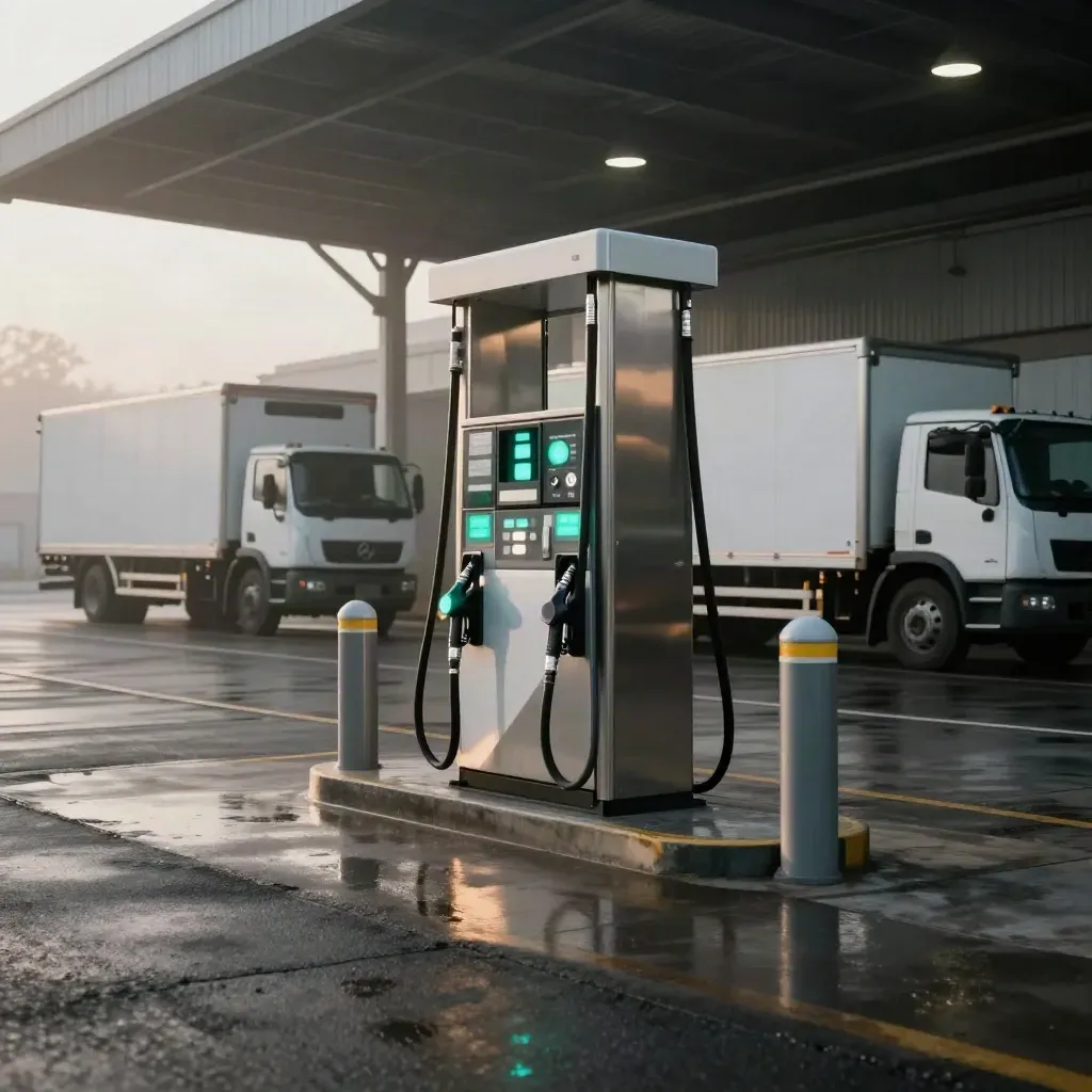 Hydrogen dispenser island ready for fleet refuelling beside parked box trucks in morning mist.