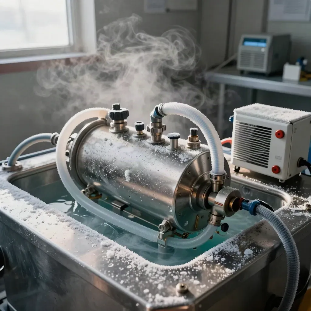 Ontario lab bench with frosted tubing, electrolyzer cell, chilled reservoir, and winter vapor