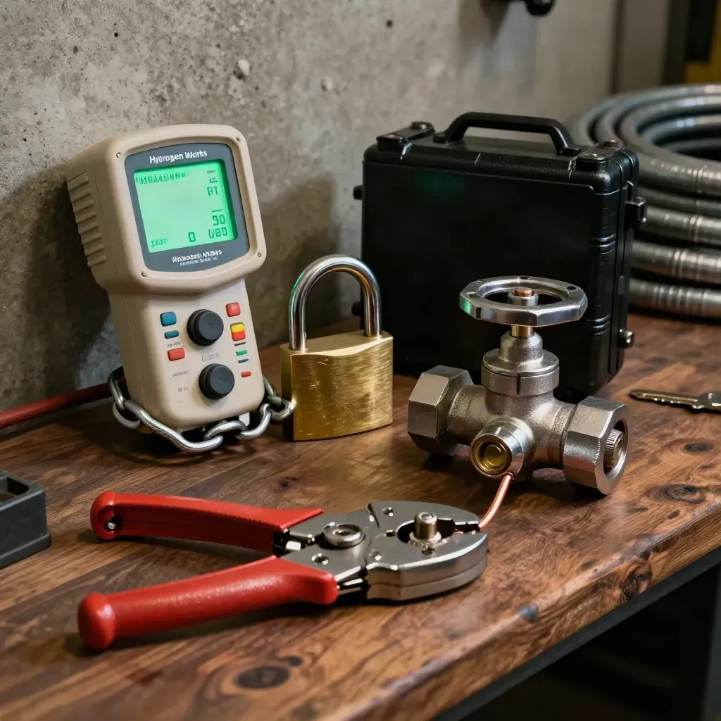 Industrial safety tools clustered on a walnut workbench under dramatic studio light.