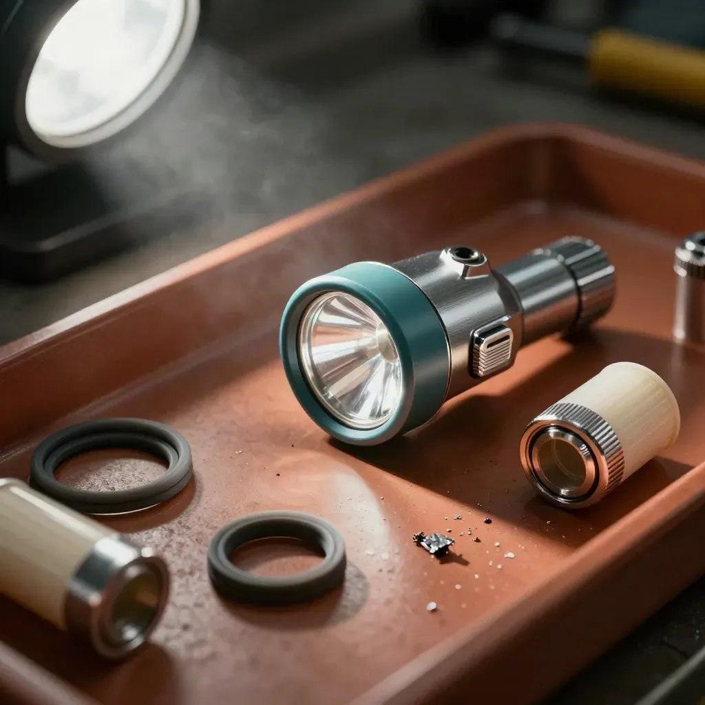 Inspection light, seals, cartridges, and flare caps in a terracotta service tray on a workbench.