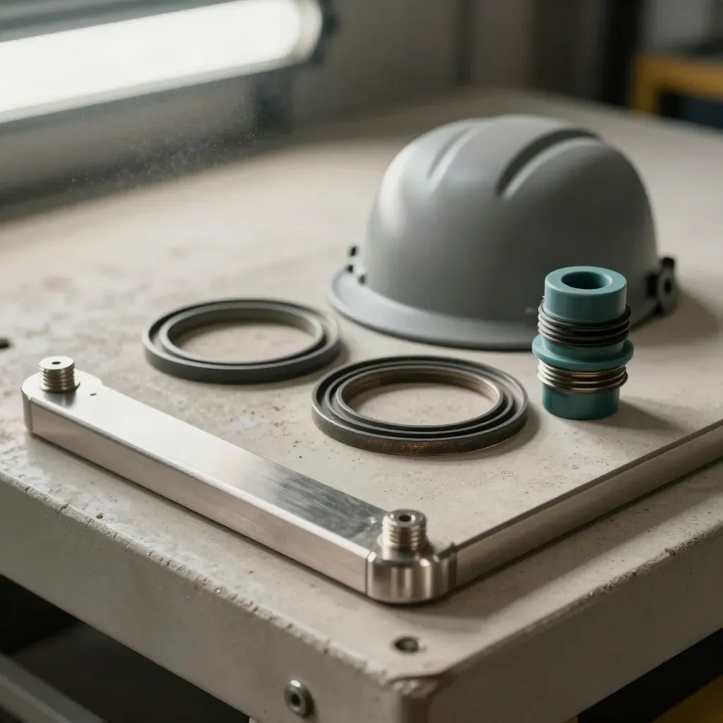 Stainless flange, shipping cap, gasket ring and cable gland on a pale workbench.