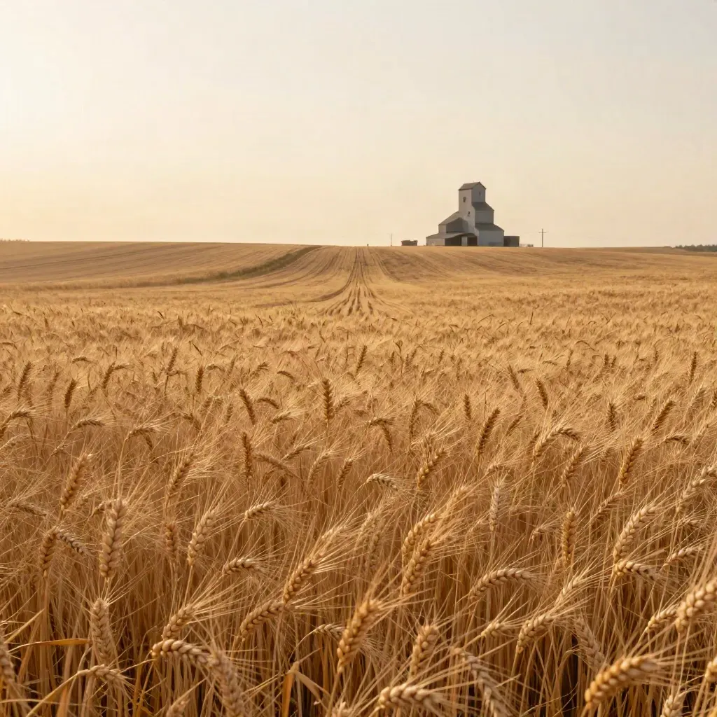 Saskatchewan wheat field with a distant grain elevator under a warm hazy sky
